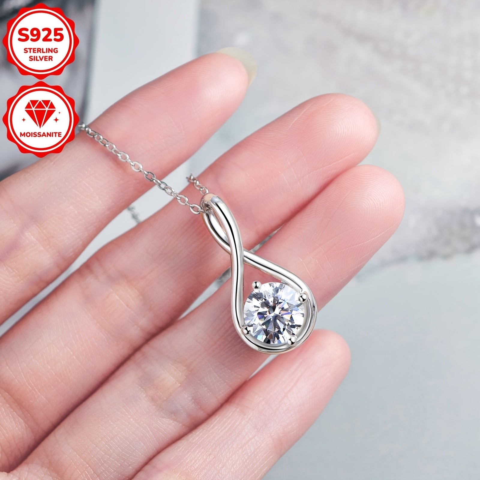Sterling Silver Moissanite Pendant Necklace 8mm D Color Infinity 20 Inch Chain