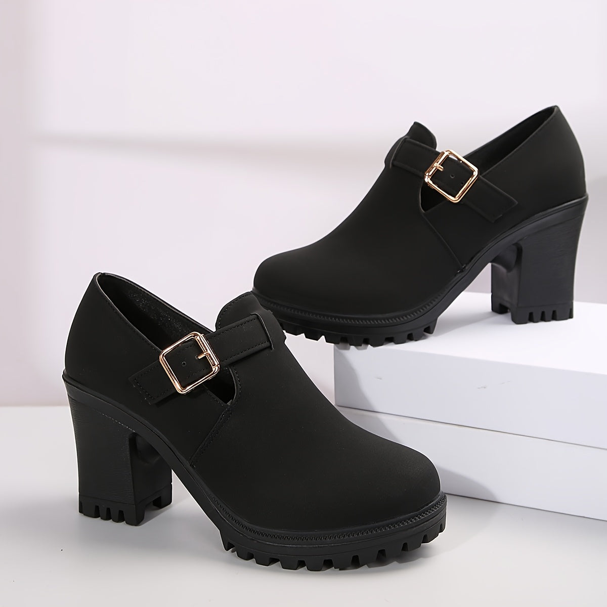 Women's Black Chunky Heel Pumps with Buckle Strap and Rubber Sole