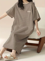 Vestido de dormir vertical a rayas para mujer de manga corta, bata de descanso para la noche