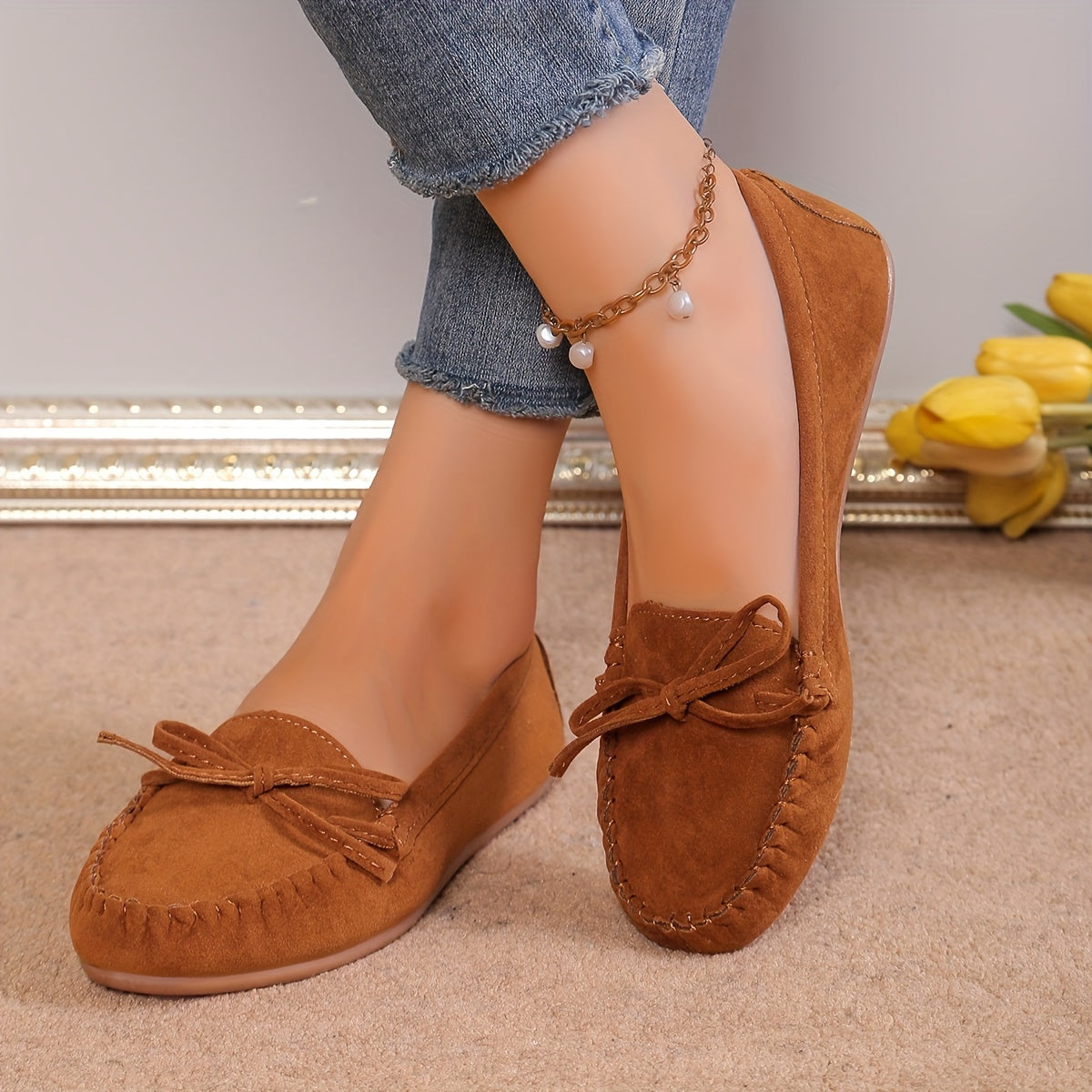 Women's Lightweight Slip-On Sneakers with Butterfly Knot, Rubber Outsole, Fleece Lining