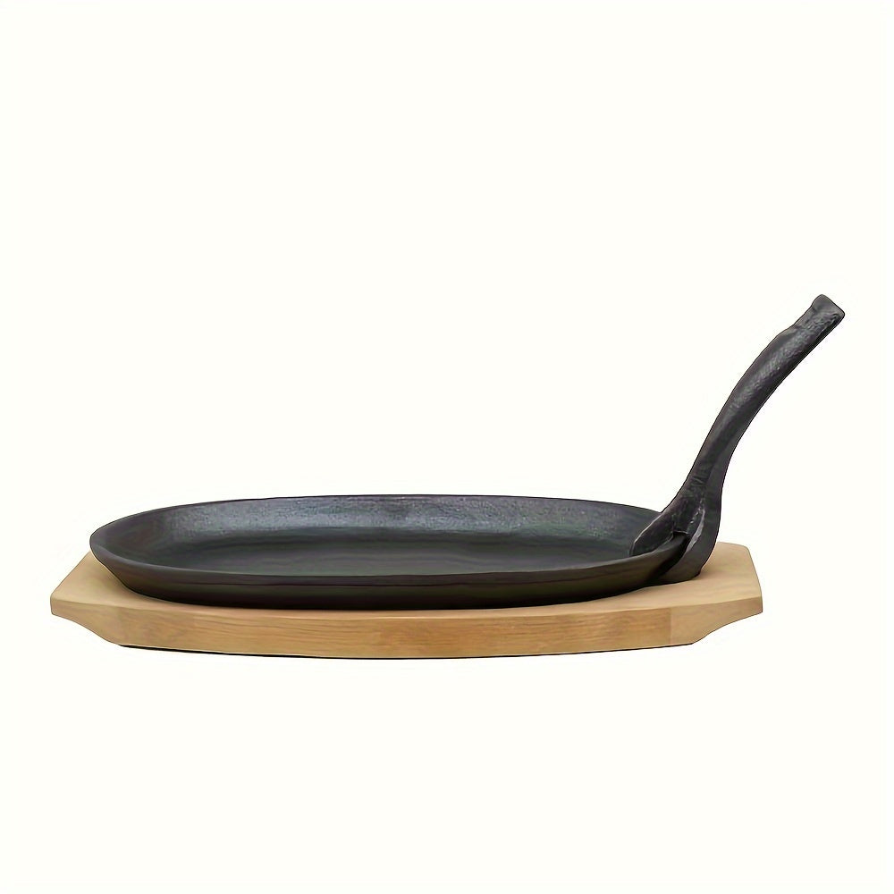 Cast Iron Skillet Set with Wooden Base and Iron Fork for Steak Griddle Cooking Uncoated