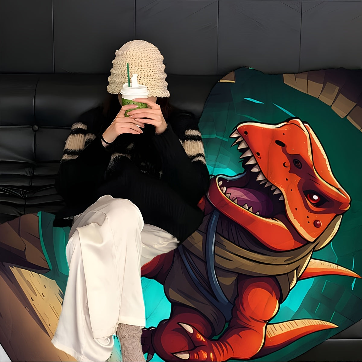 Cartoon Dinosaur Print Knitted Polyester Throw Blanket for Kids and Adults