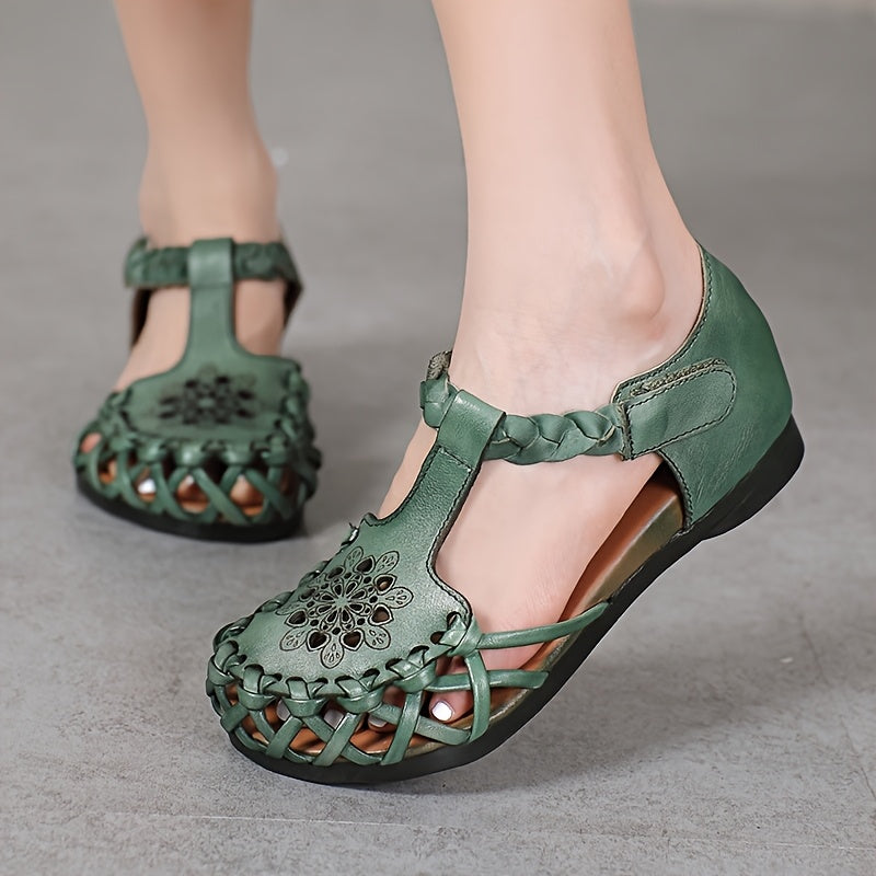 Women's Green Flat Shoes Breathable Casual T-Strap Walkers