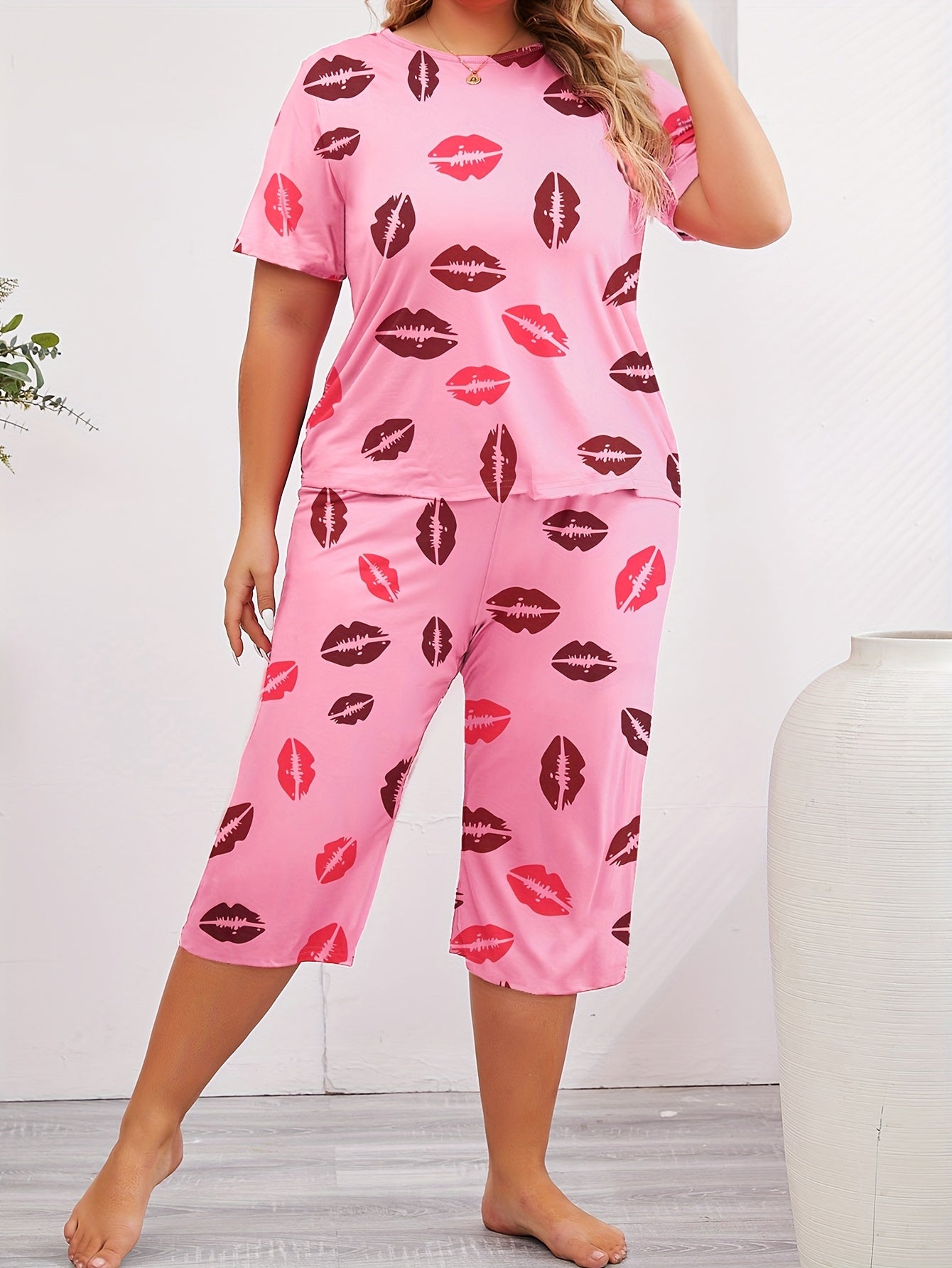 Women's Plus Size Pajama Set Shorts Sleeve Lounge Wear Capri Pants