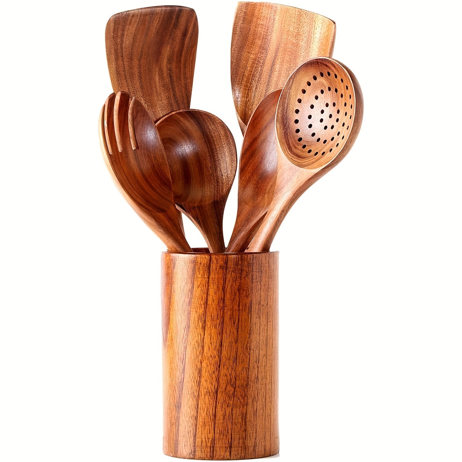 Juego de 7 utensilios de cocina de madera antiadherentes en cubo de almacenamiento con espátula, cuchara y más