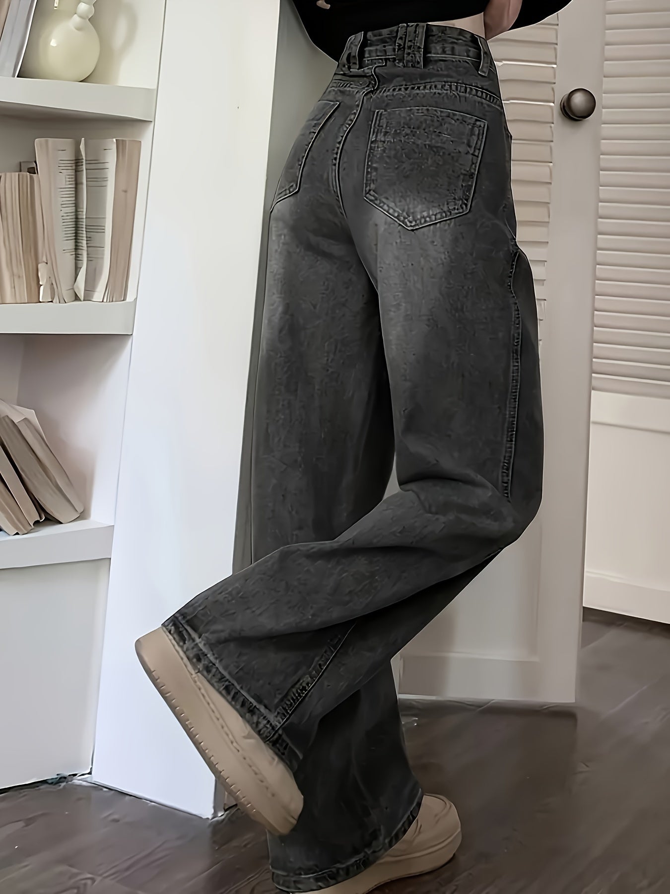 Women's Distressed Blue Denim Jeans High Rise Wide Leg Zipper Button Closure