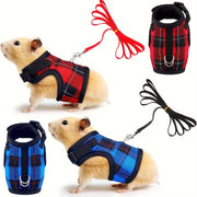 Checkered Blue and Red Hamster Harness and Leash Set with Bell Adjustable Breathable