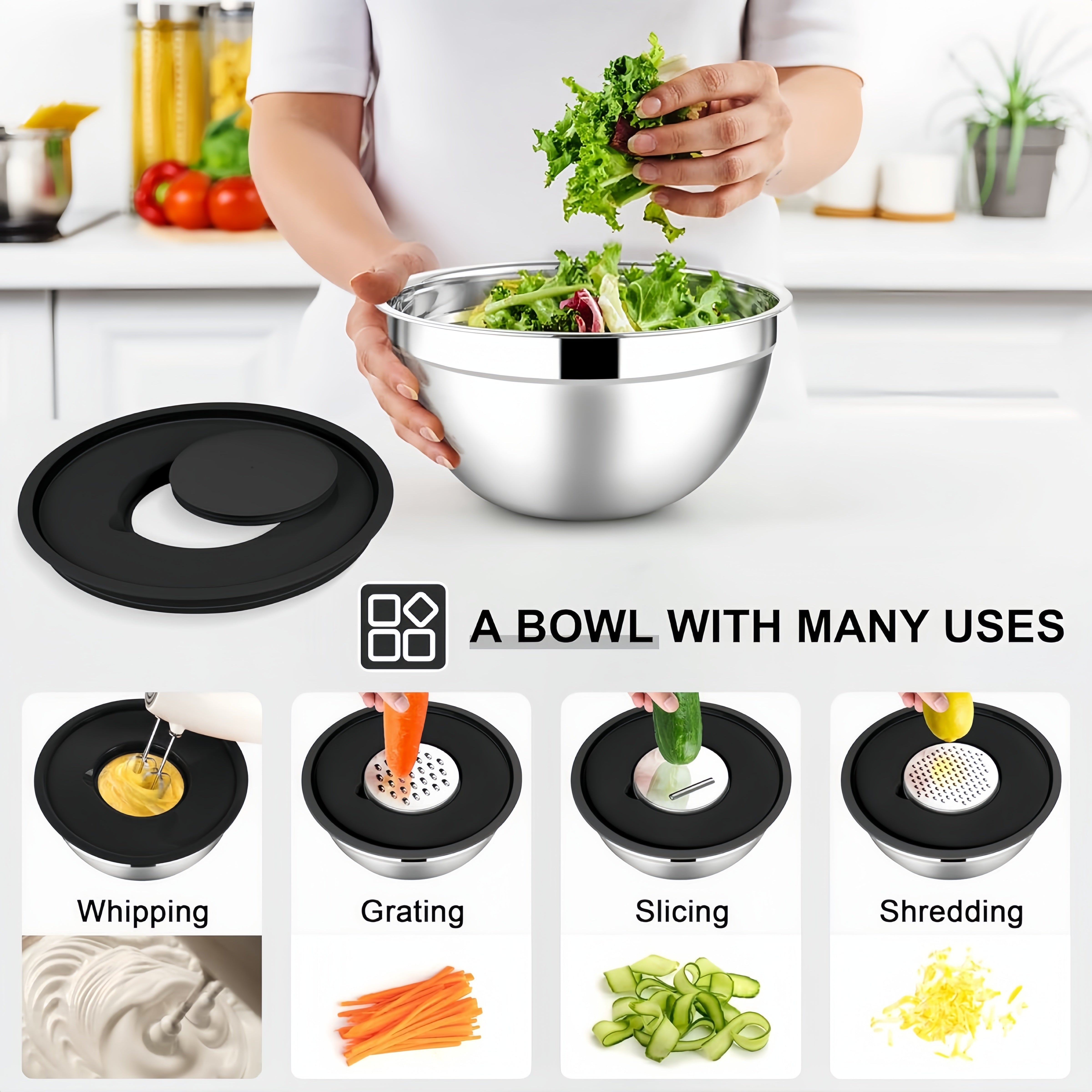 15-Piece Stainless Steel Mixing Bowls Set with Black Seal Covers and Grater Accessories