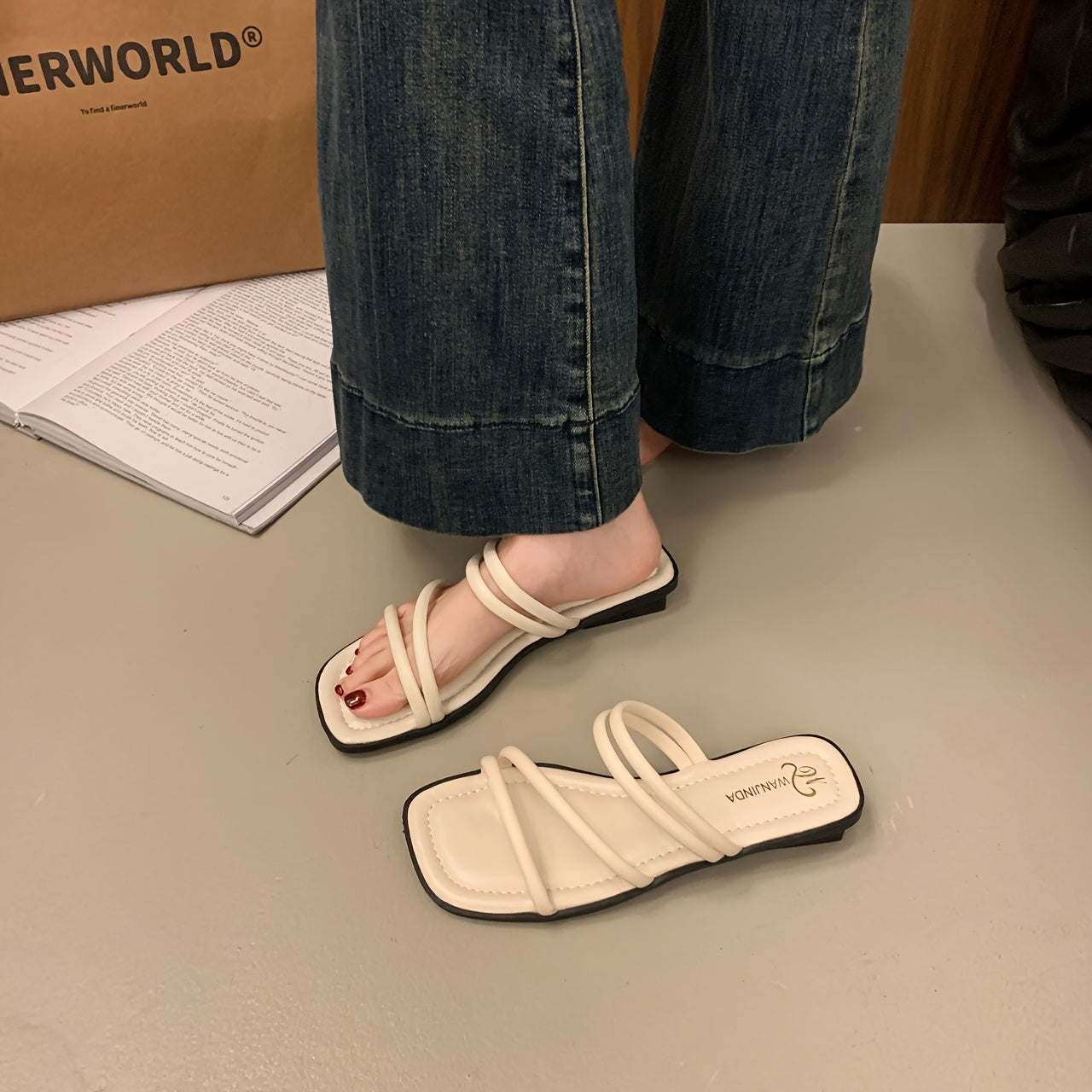 Women's Slip-On Backstrap Sandals Faux Cover Open-Toe Summer Slippers Black White Brown