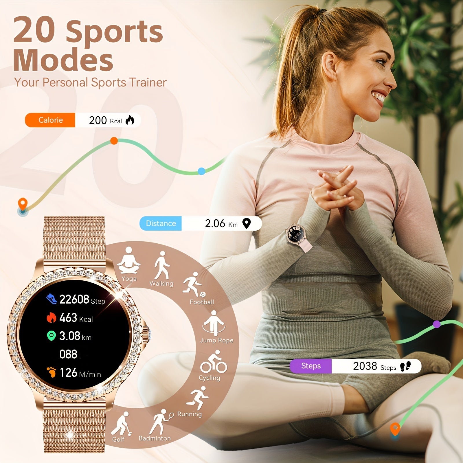 Женские умные часы с 1,32-дюймовым HD сенсорным экраном, водонепроницаемый силиконовый ремешок, беспроводные звонки