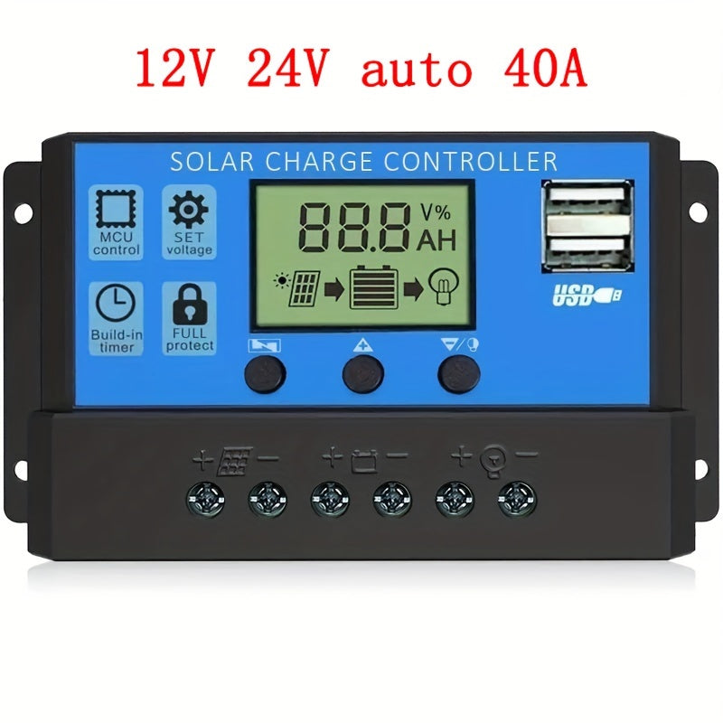 Controlador de carga solar de alta potencia con pantalla LCD, puertos USB y temporizador automático para sistemas de 12V y 24V