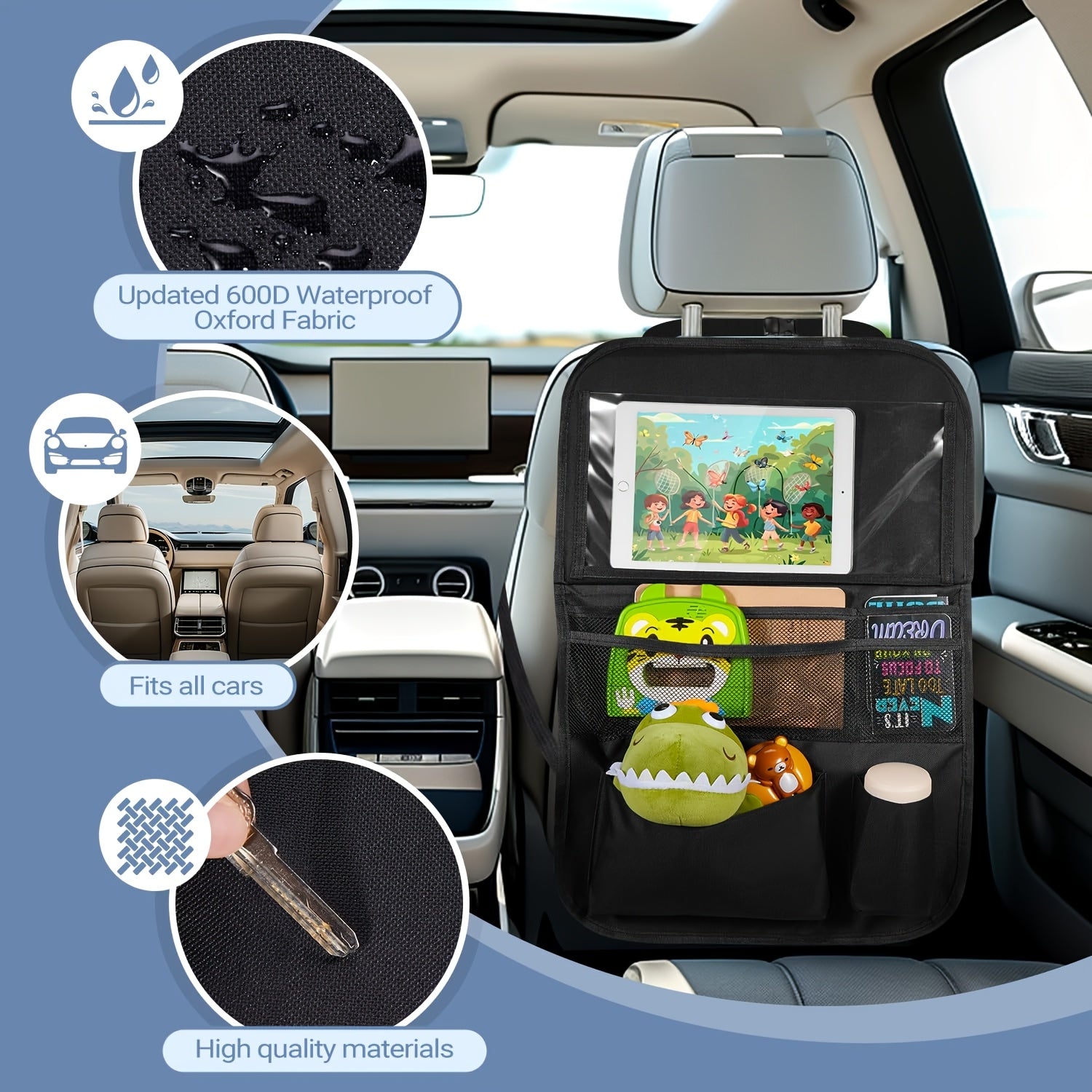 Organizador de asiento para coche con bolsa de almacenamiento y bandeja para snacks y juguetes