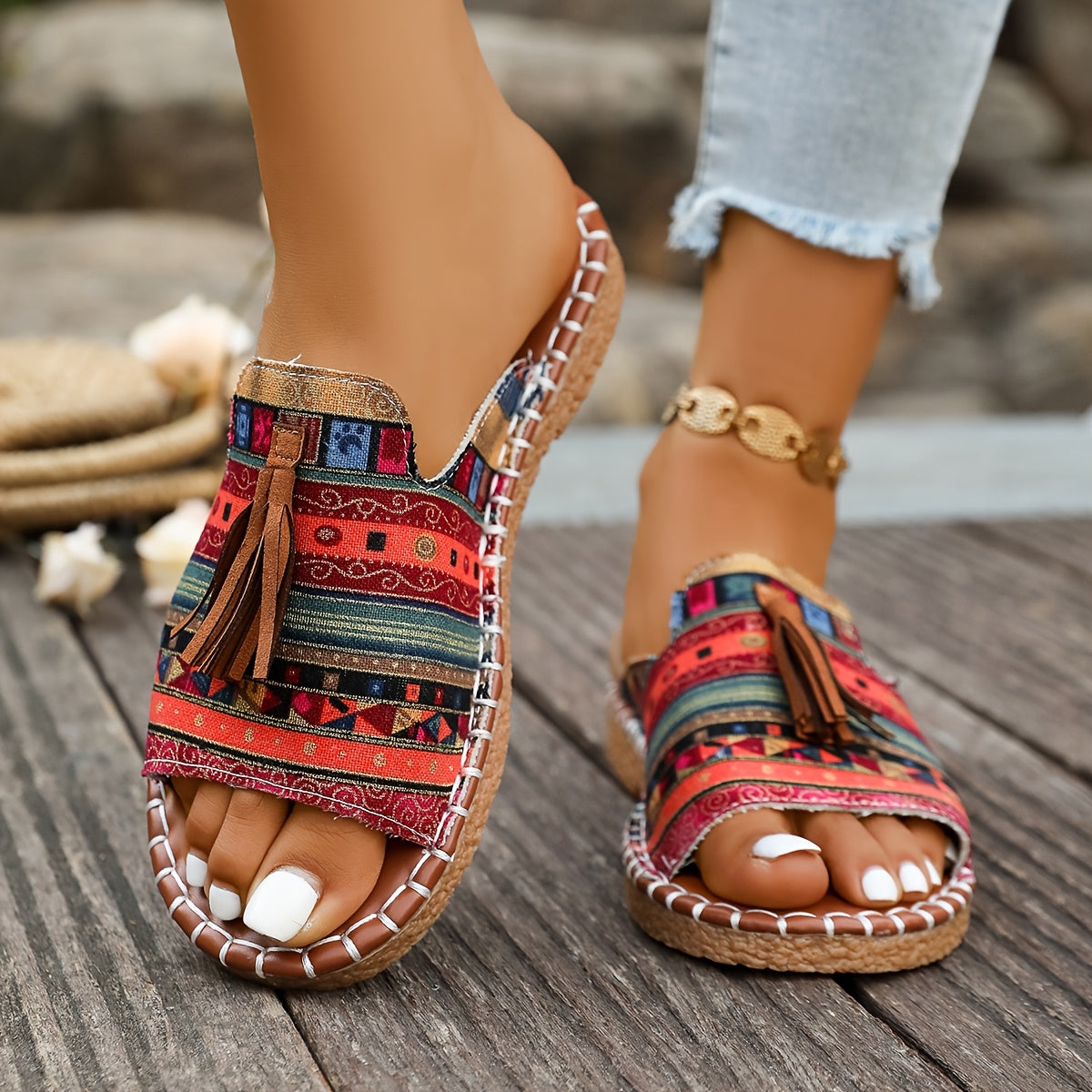 Women's Ethnic Style Casual Beach Slippers Anti-Slip Rubber Sole