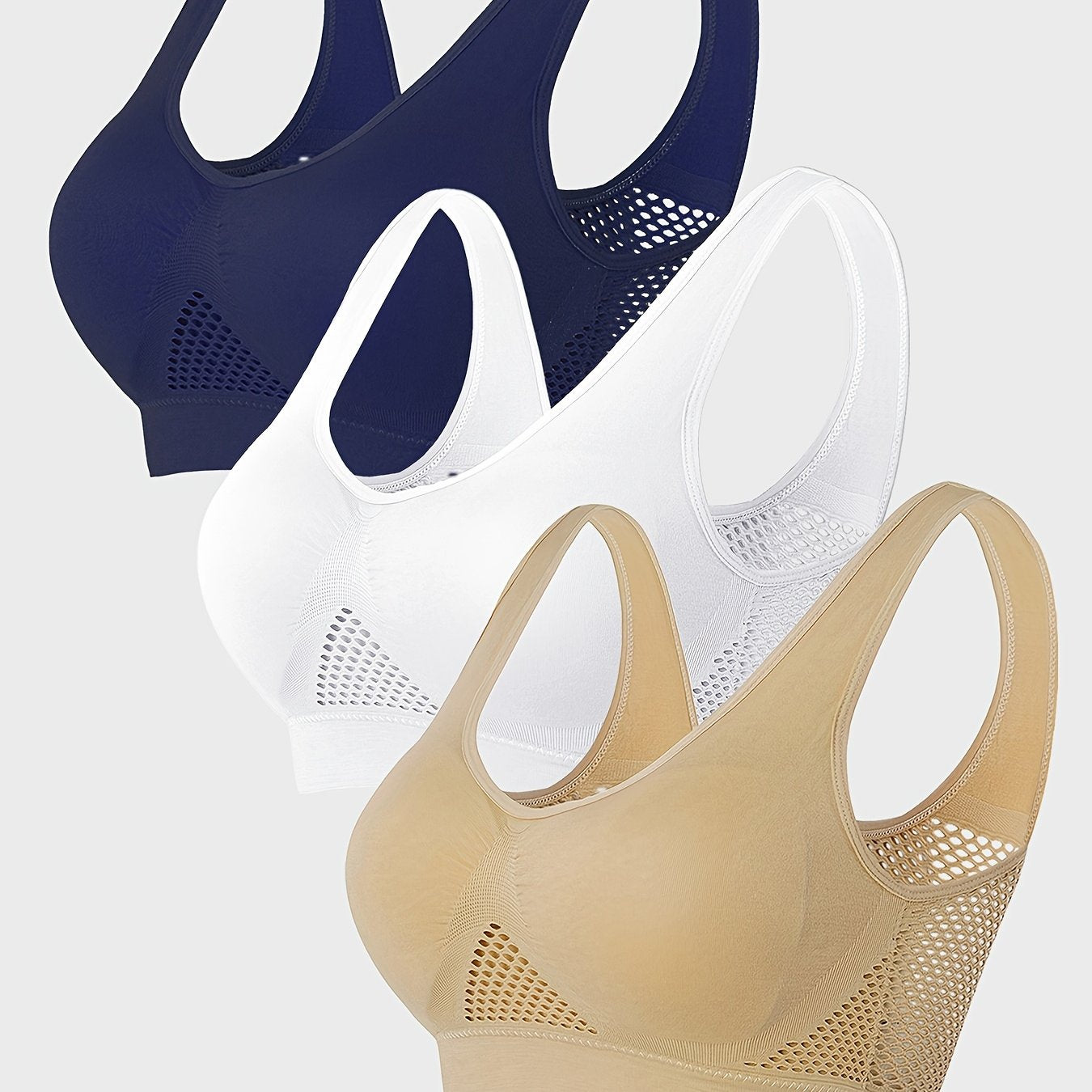 Women's Sports Bra Set 3 Pack No-Seam Breathable Mesh Light Support Pink Black Purple