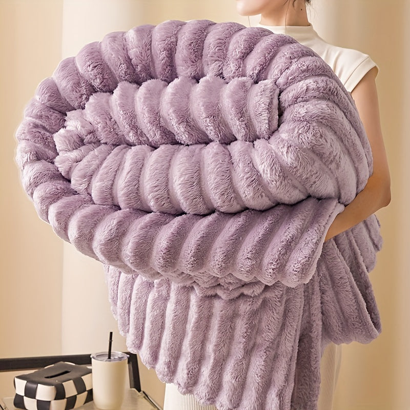 Manta de pelo sintético a rayas, acogedora, de punto, poliéster, para cama, sofá y viajes