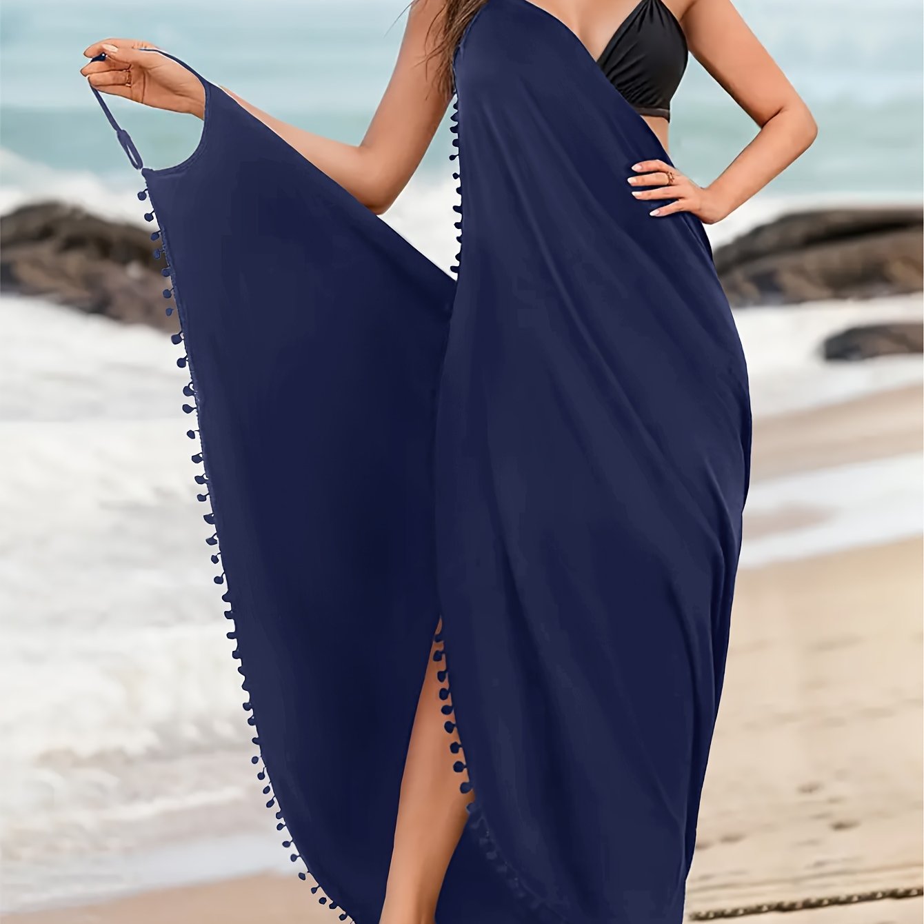 Maxi Beach Cover-Up Dress with Pom-Pom Decor V-Neck Backless Wrap Hem for Women