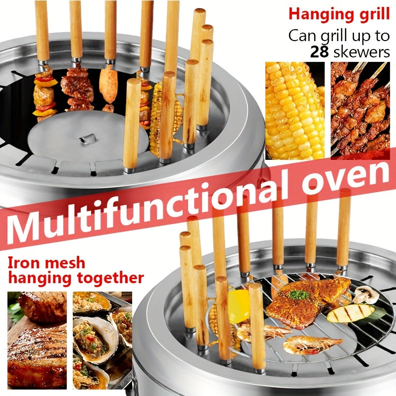 Portativ tutunsiz ko'mir qopqog'i bilan zanglamaydigan po'latdan yasalgan atrofdagi osilgan pech, ochiq havoda tutunli grill. 60 ta shish, 2 ta ziravorlar shishasi, 1 ta grill tarmog'i va 10 ta fixatorni o'z ichiga oladi. Oson