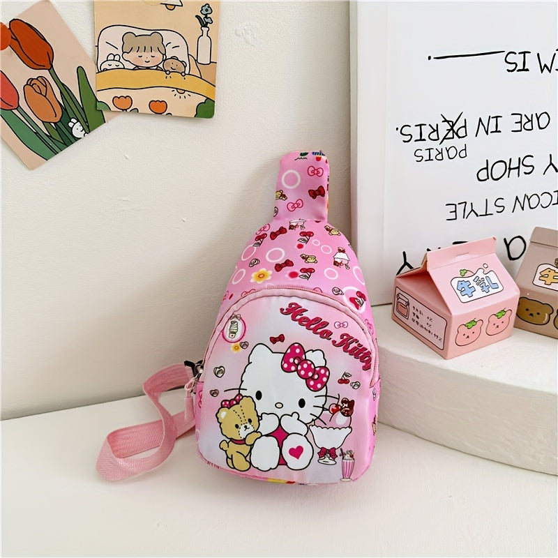 Sanrio Hello Kitty & Friends ko'krak sumkasi - sayohat uchun zarur narsalar va har kuni kiyinish uchun mukammal bo'lgan, zipper dizayniga ega kichik rucksack. Buni bitta yelka orqali kesib o'tadigan sumka sifatida olib yurish mumkin.