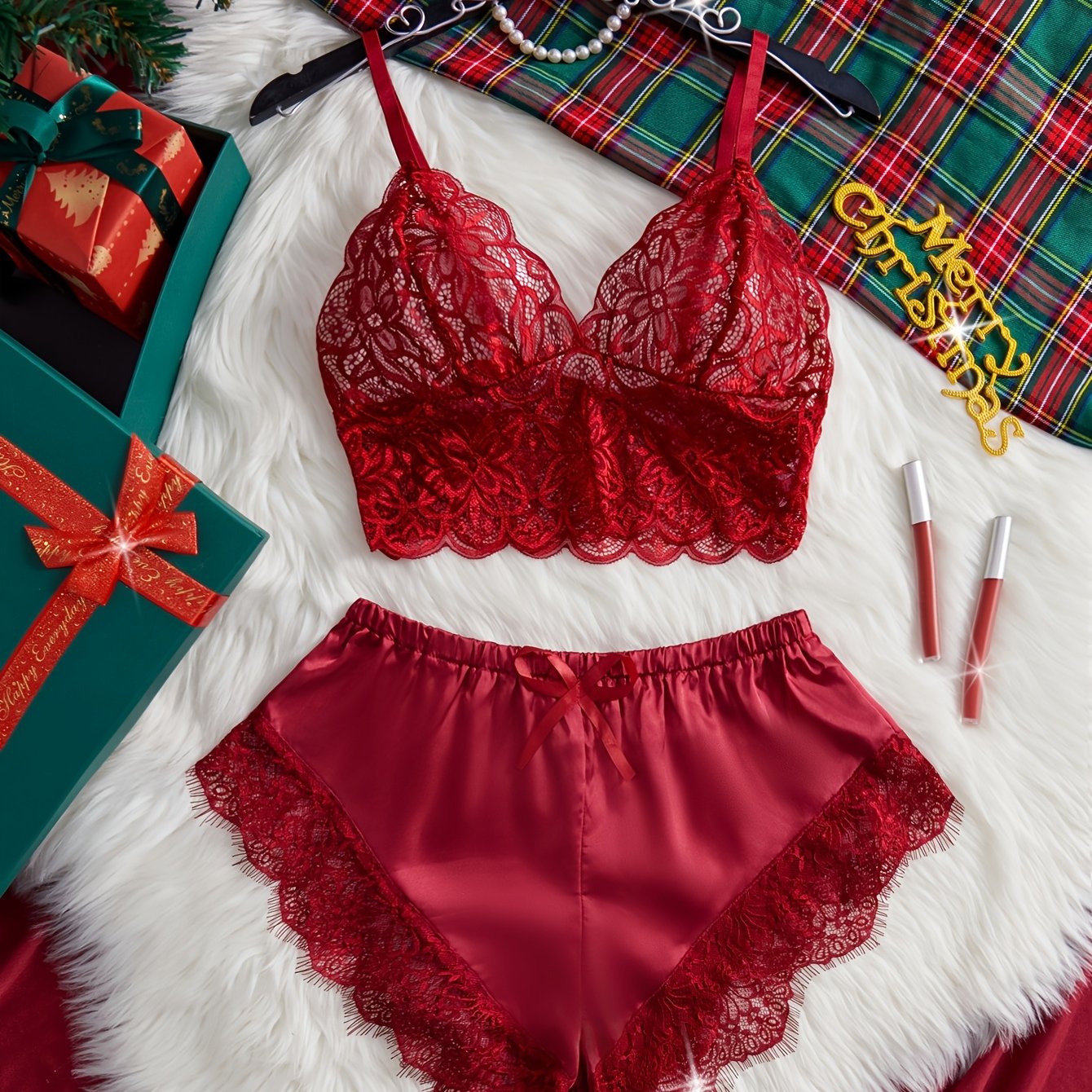 Women's Floral Lace Lingerie Set with Camisole and Bow Shorts for Valentine's Day