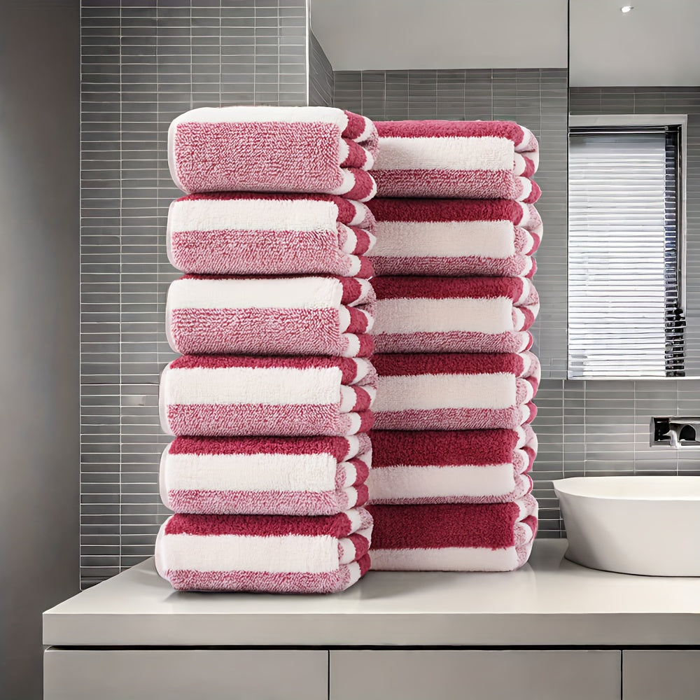 12-Piece Soft Absorbent Striped Coral Fleece Washcloths for Travel and Gym