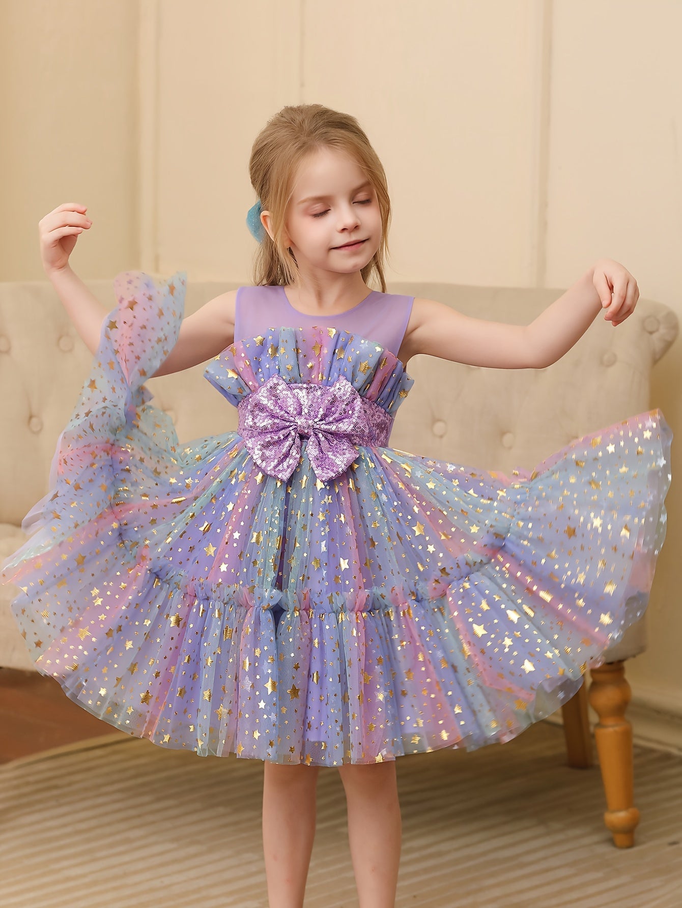 Girls Sequin Starry Sky Mesh Princess Dress with Bow for Birthday Parties