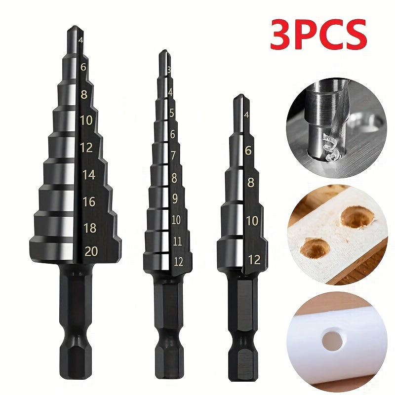 3pcs Titanium Coated High Carbon Steel Step Drill Bit Set Rust Water-Resistant for Carpentry