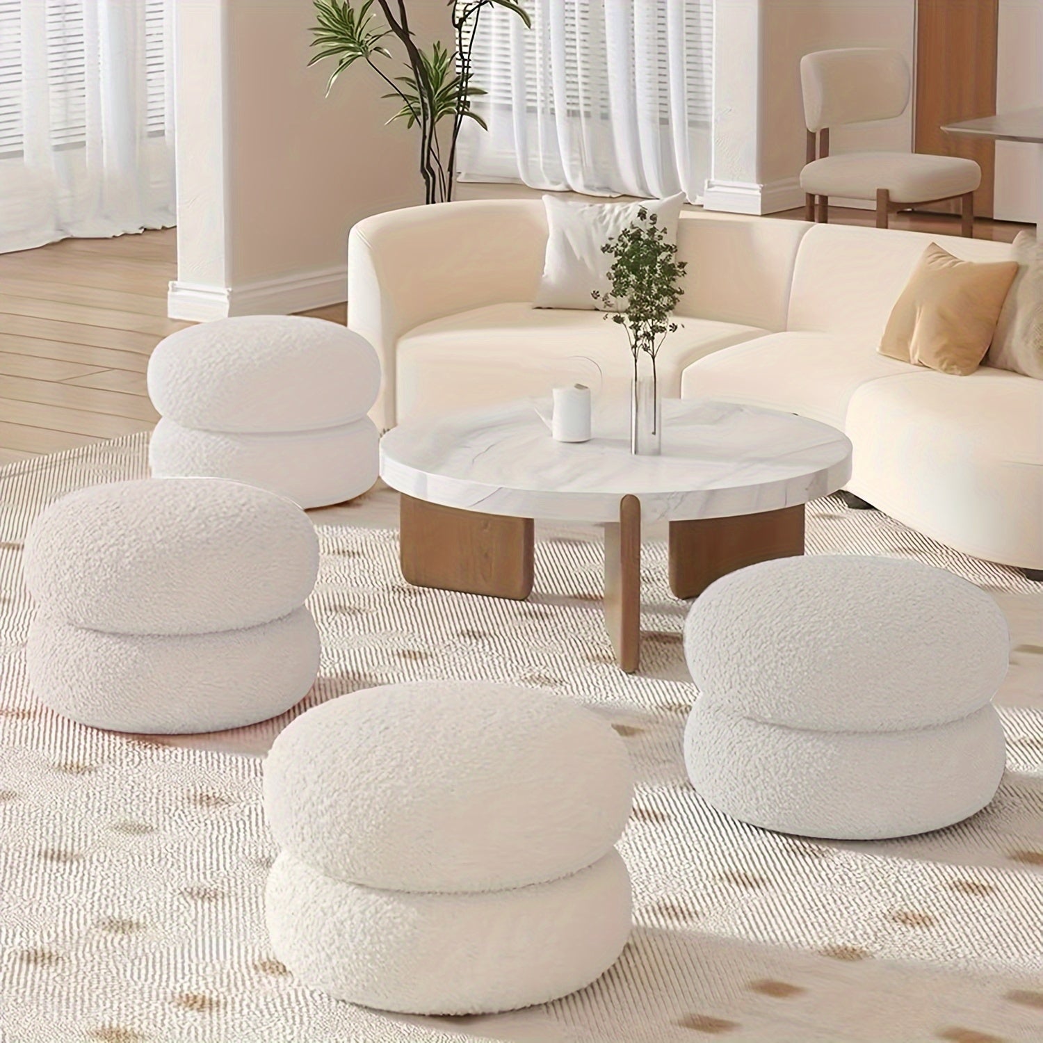 White Polyester Round Ottoman Stool for Living Room, Versatile and Compact
