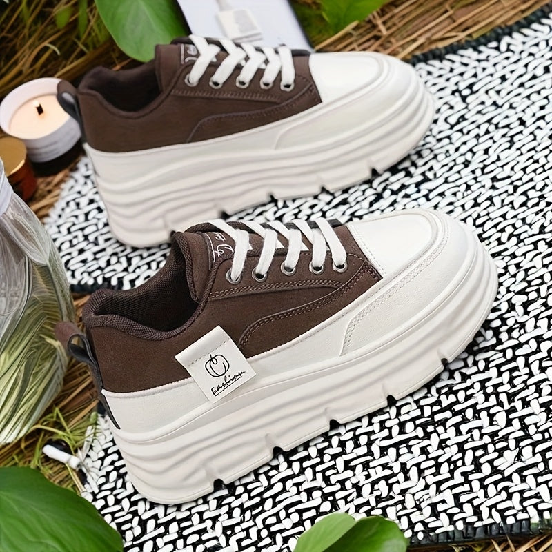 Women's Casual Platform Sneakers White Brown Comfort Low Tops Rubber Sole