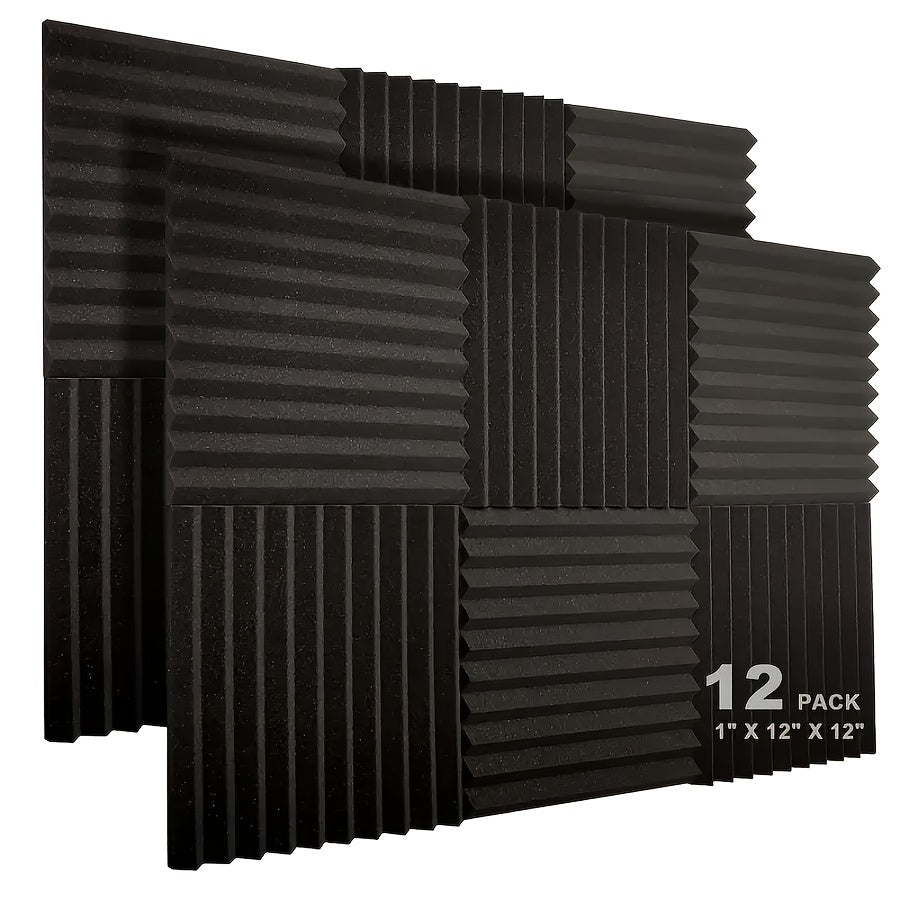 Juego de 12 paneles de espuma acústica negra de 2.54cm x 30.48cm para absorción de sonido y reducción de reverberación