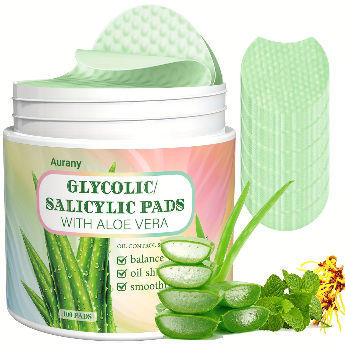 AURANY 100 Pad: Aloe Vera Glycolic/Salycilik Kislota, Uniseks Kattalar, Spirtli emas, Namlantiruvchi, Eksfoliatsiya qiluvchi, Pora kichraytiruvchi, Chuqur tozalovchi, Barcha teri turlari, Aloe Vera hidli, Qo'shimcha yo'q.