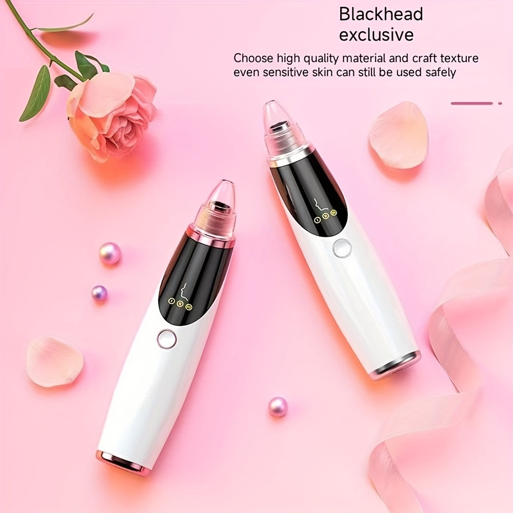 USB Rechargeable Blackhead Remover with Rose Gold Accents Multiple Heads Gentle and Fast Modes