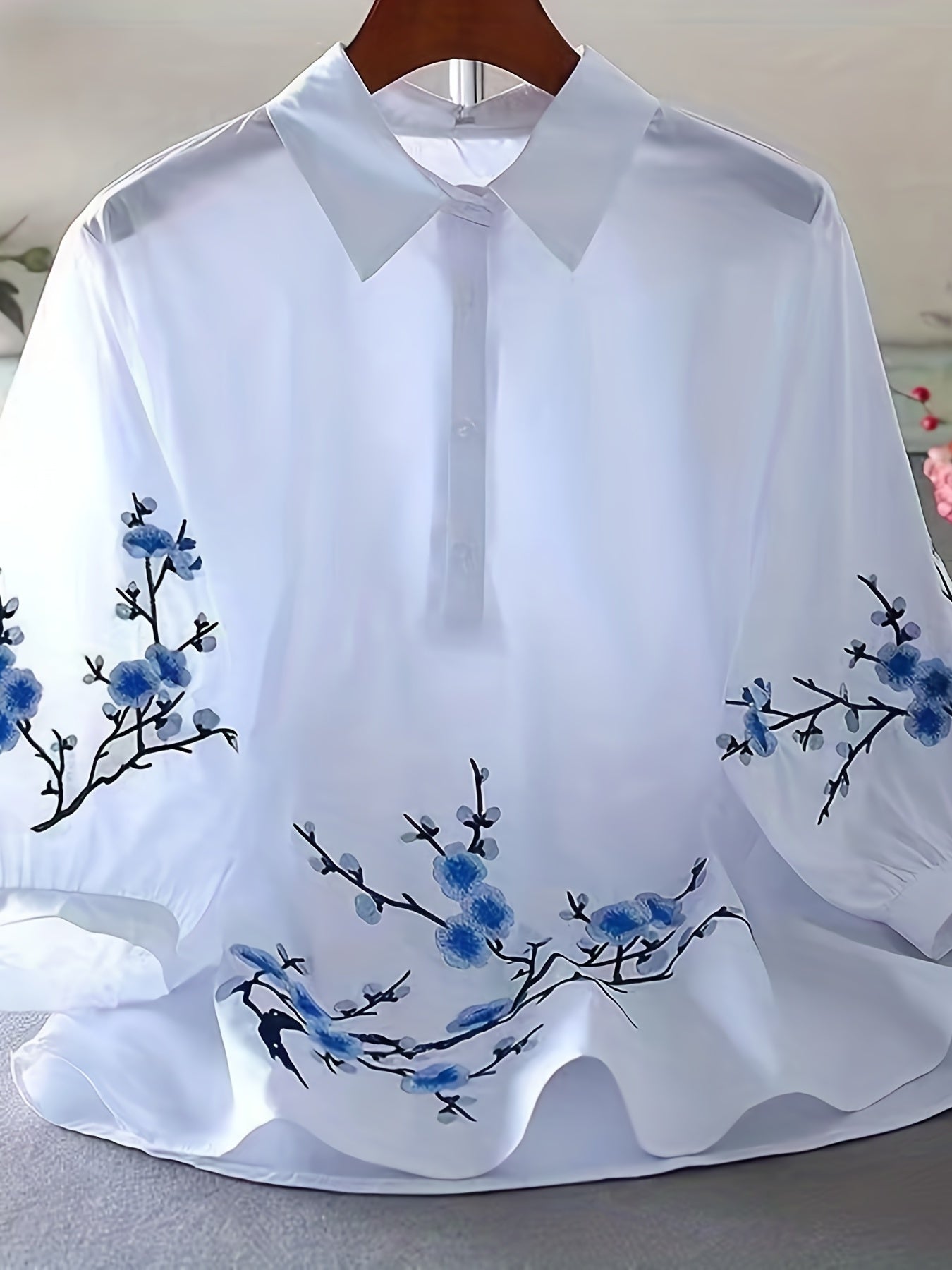 Women's Embroidered Polyester Blouse with Button Collar for Spring Summer Fall