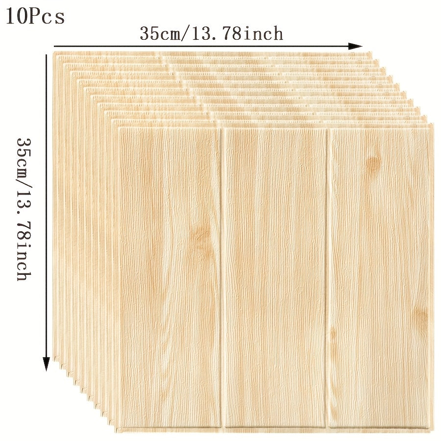10pcs Wood Grain Self-Adhesive Wall Stickers 35x35cm Rectangular Cabin Style Decor