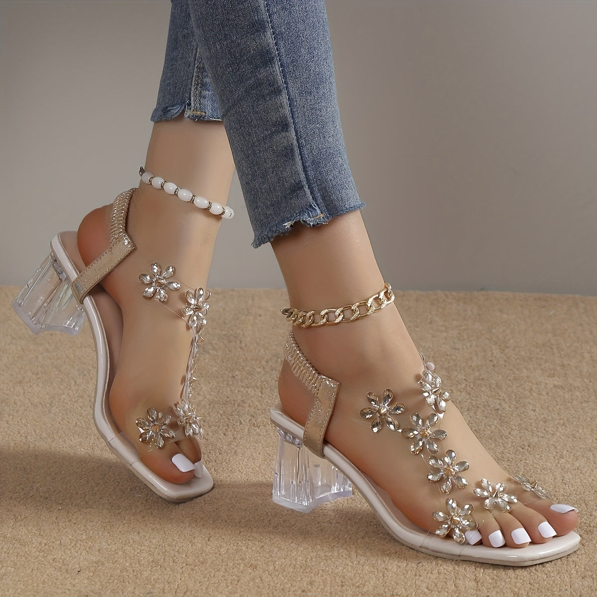 Women's Floral Block Heel Sandals with Pearl Accents All-Season Open Toe Ankle Strap