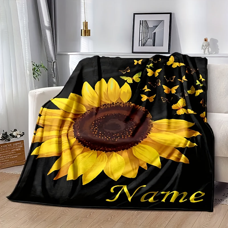 Personalized Sunflower and Butterfly Print Flannel Blanket Soft Warm Machine Washable All-Season