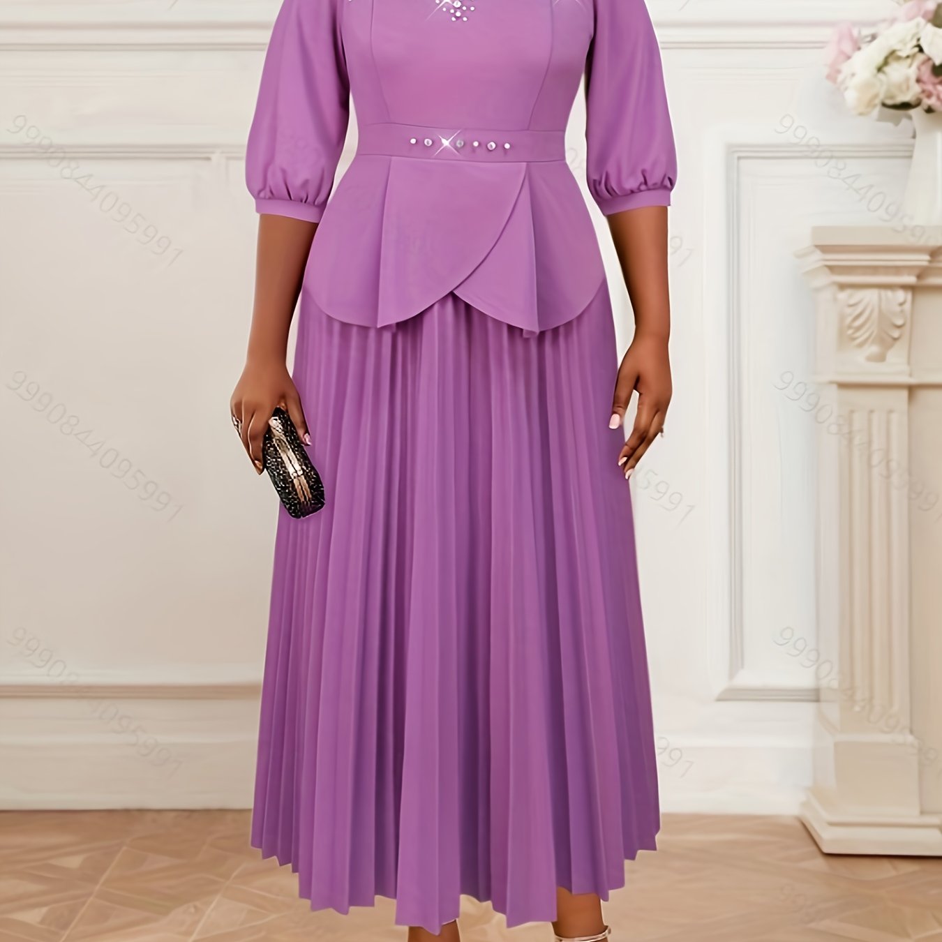 Ladies Purple Three-Quarter Sleeve Evening Gown Beaded Rhinestones Weddings