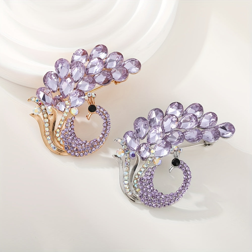Purple Crystal Brooch Pin with Peacock Design Rhinestones for Women