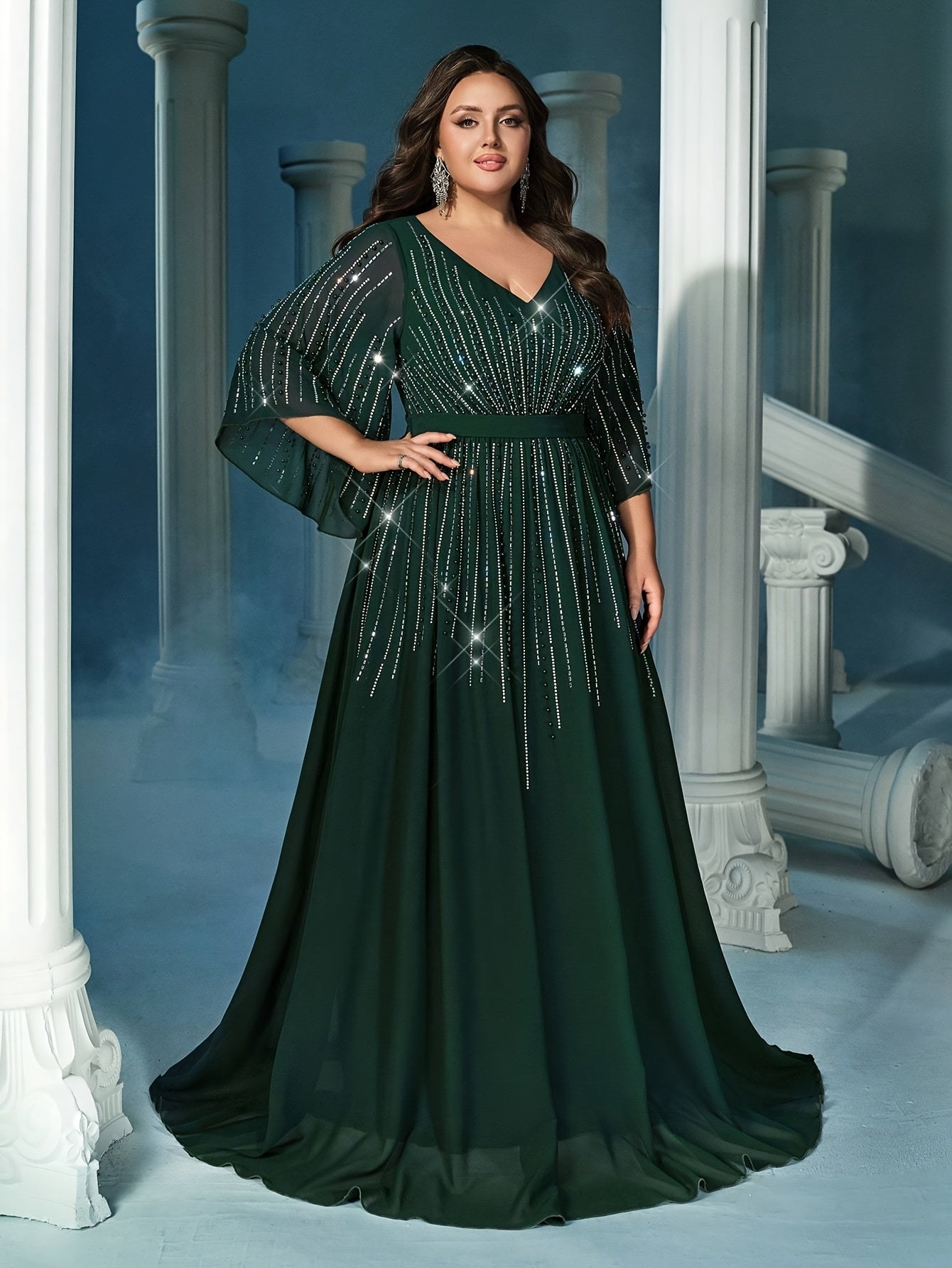 Women's Dark Green Plus Size Chiffon Formal Gown for Party Banquet