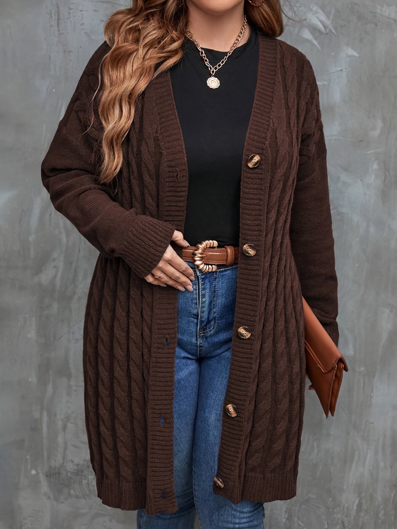 Plus Size Elegant Knit Polyester Cardigan for Fall Winter