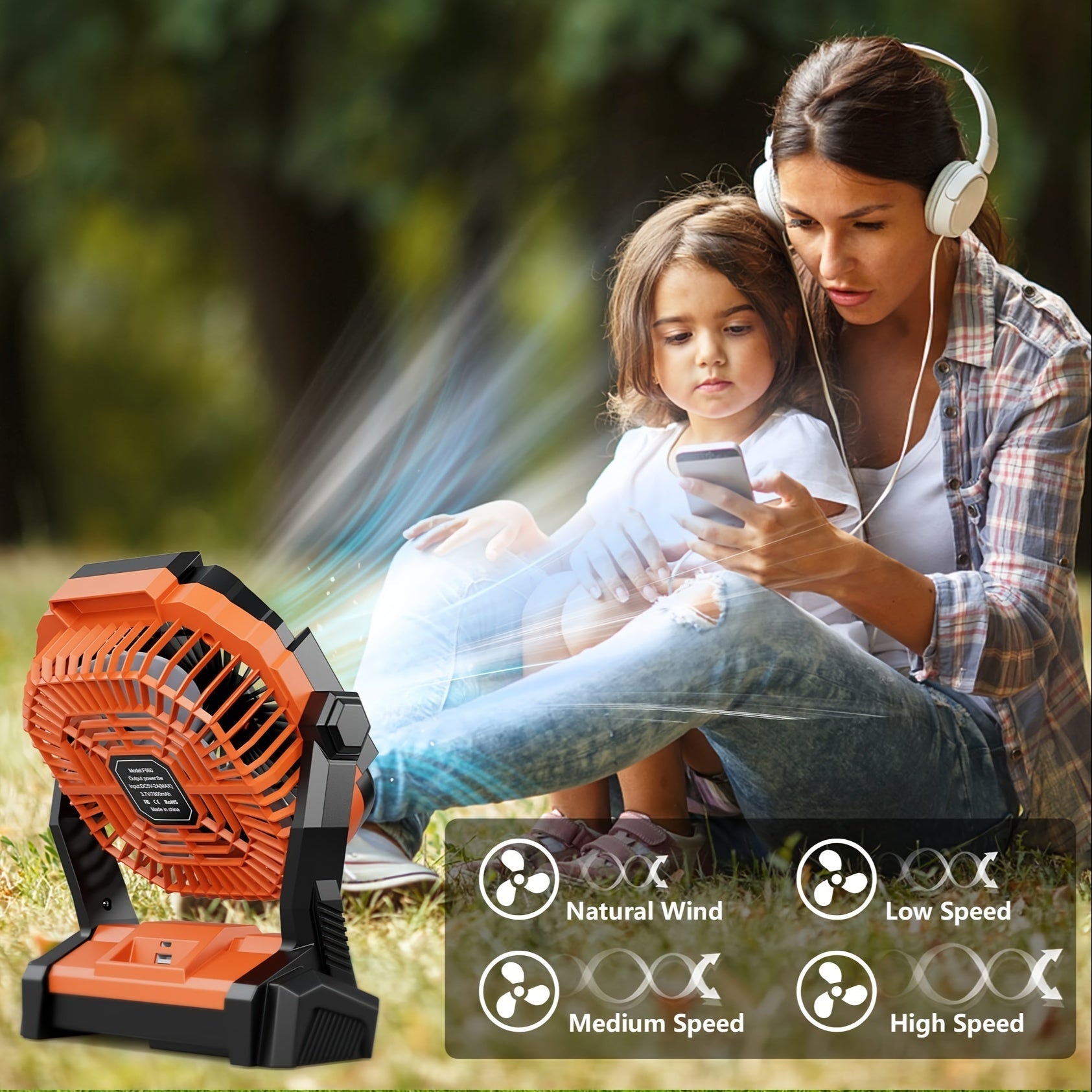 Portable Personal Fan with LED Light and Hook, USB Rechargeable, 4 Speeds