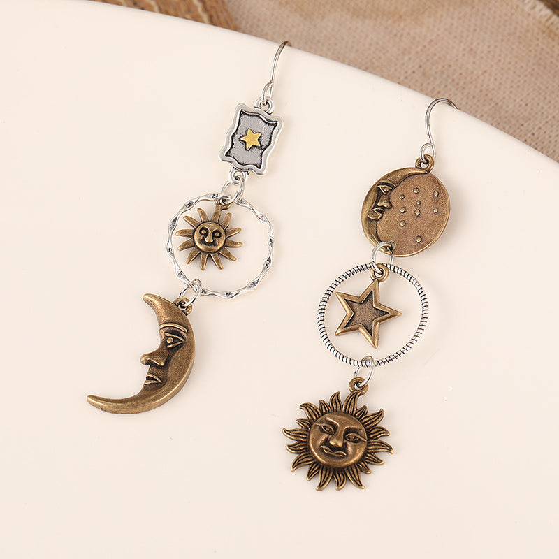 Boho-Chic Antique Bronze Earrings with Star Moon Sun Dangles for Women