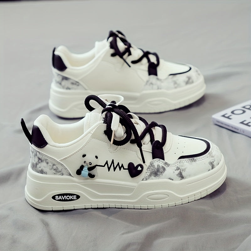 Women's White Mid-Top Sneakers with Cushioned PVC Sole and Heart Stripes