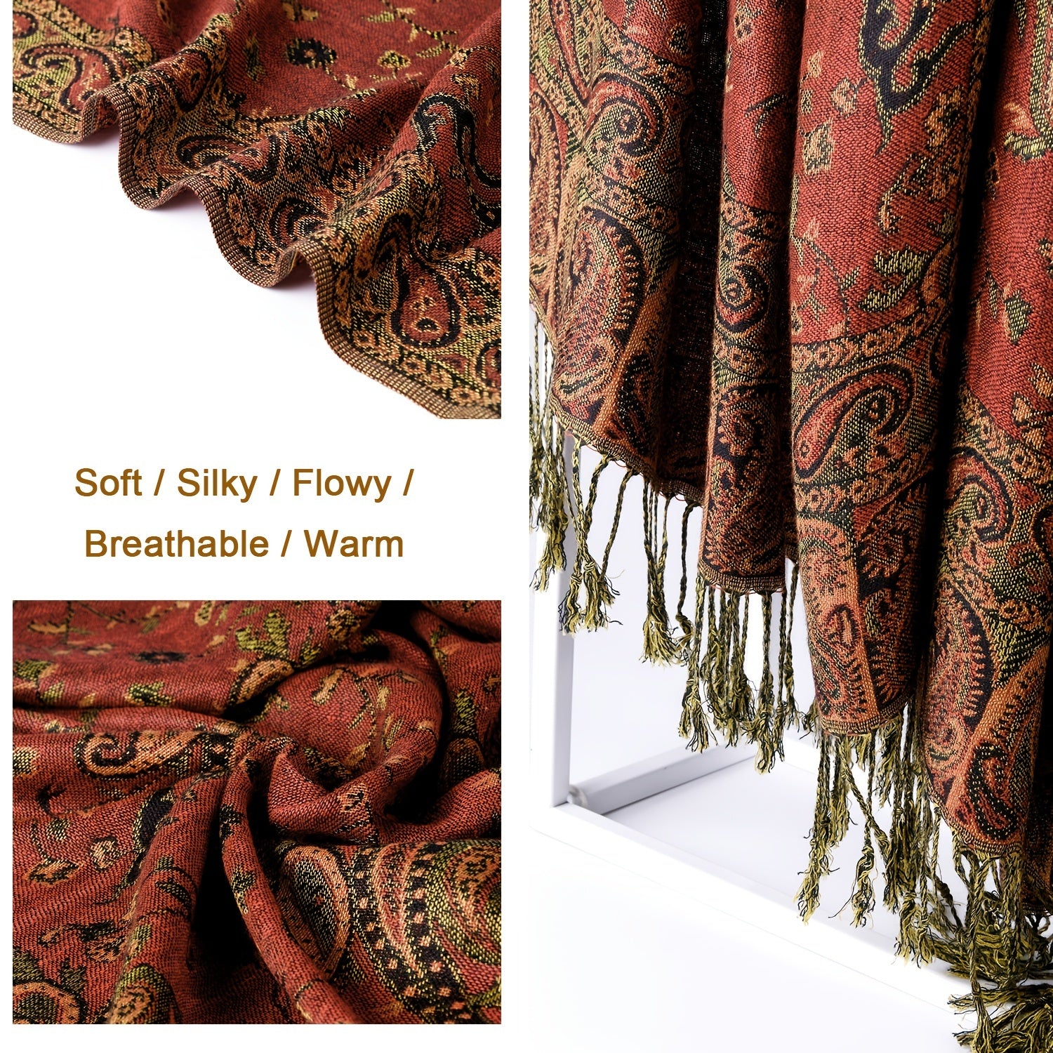 Women's Cashmere-Feel Scarf with Fringed Shawl Wraps Soft Warm and Breathable