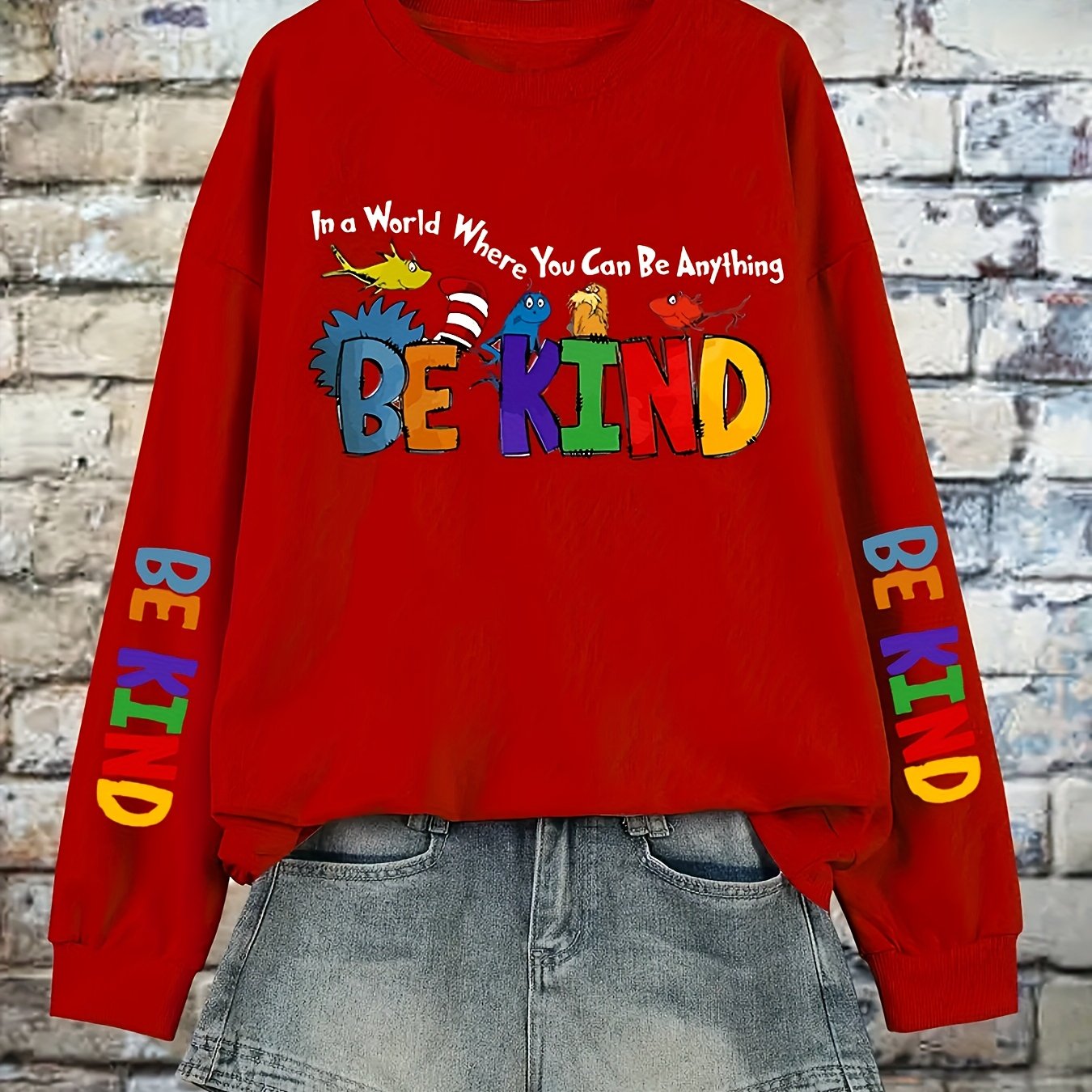 Plus Size Animal Alphabet Print Sweatshirt Casual Crew Neck Pullover Polyester Knit Fall Winter Cozy Top