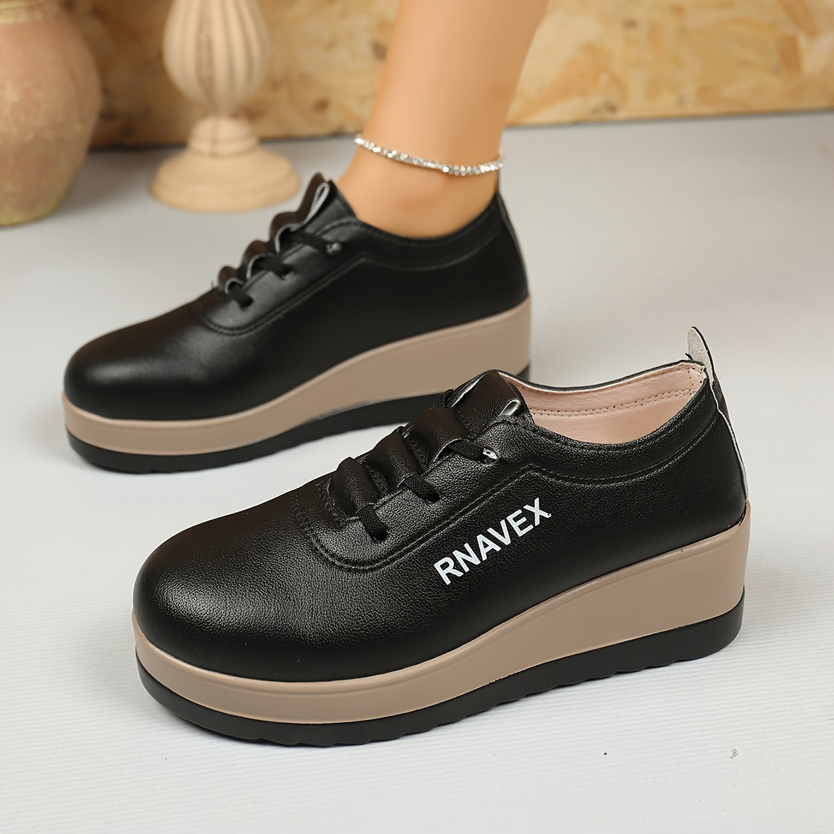 Women's Slip-On Platform Shoes with Cushioned Sole Black Beige Chunky