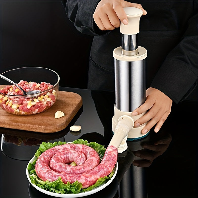Bir parcha qo'l bilan ishlatiladigan zanglamas po'latdan yasalgan kolbasa to'ldiruvchi, 3 ta nozzle qo'shimchalari bilan. Uyda kolbasa, salami va chorizo tayyorlash uchun mustahkam oshxona asbobi.