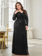 Women's Sequin Elegant Party Wedding Dress V-Neck Long Sleeve A-Line Mermaid