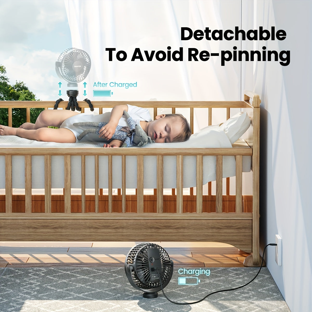 Rechargeable Portable Clip-On Fan with 3 Speed Settings, 360° Rotation for Stroller or Desk Use