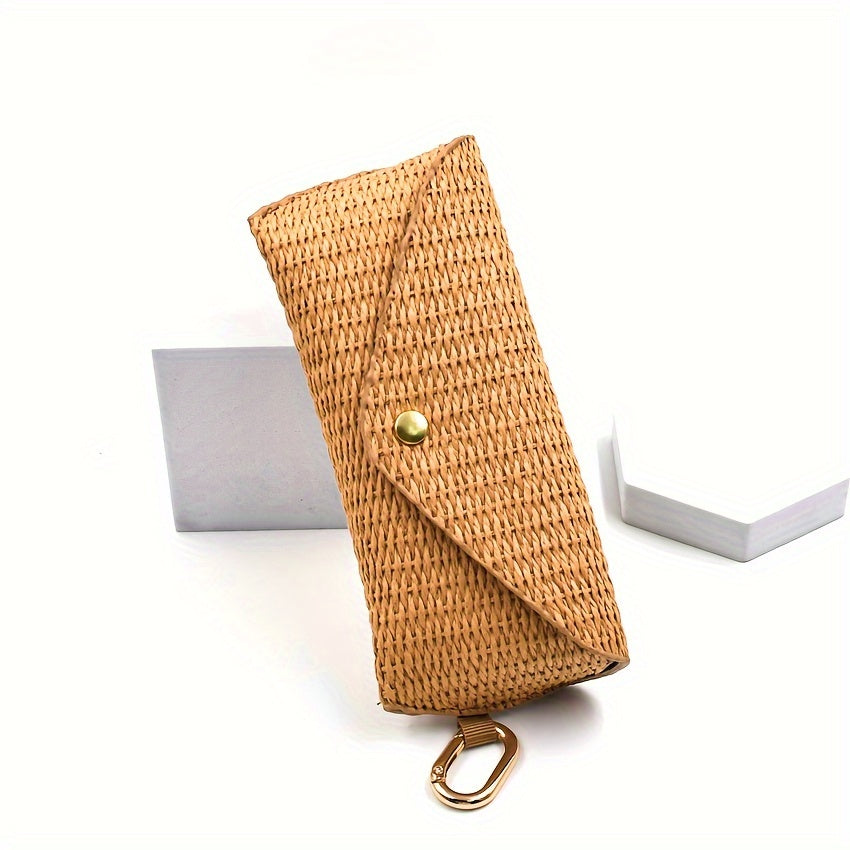 Woven Straw Eyeglass Case for Women with Protective Sleeve and Hook