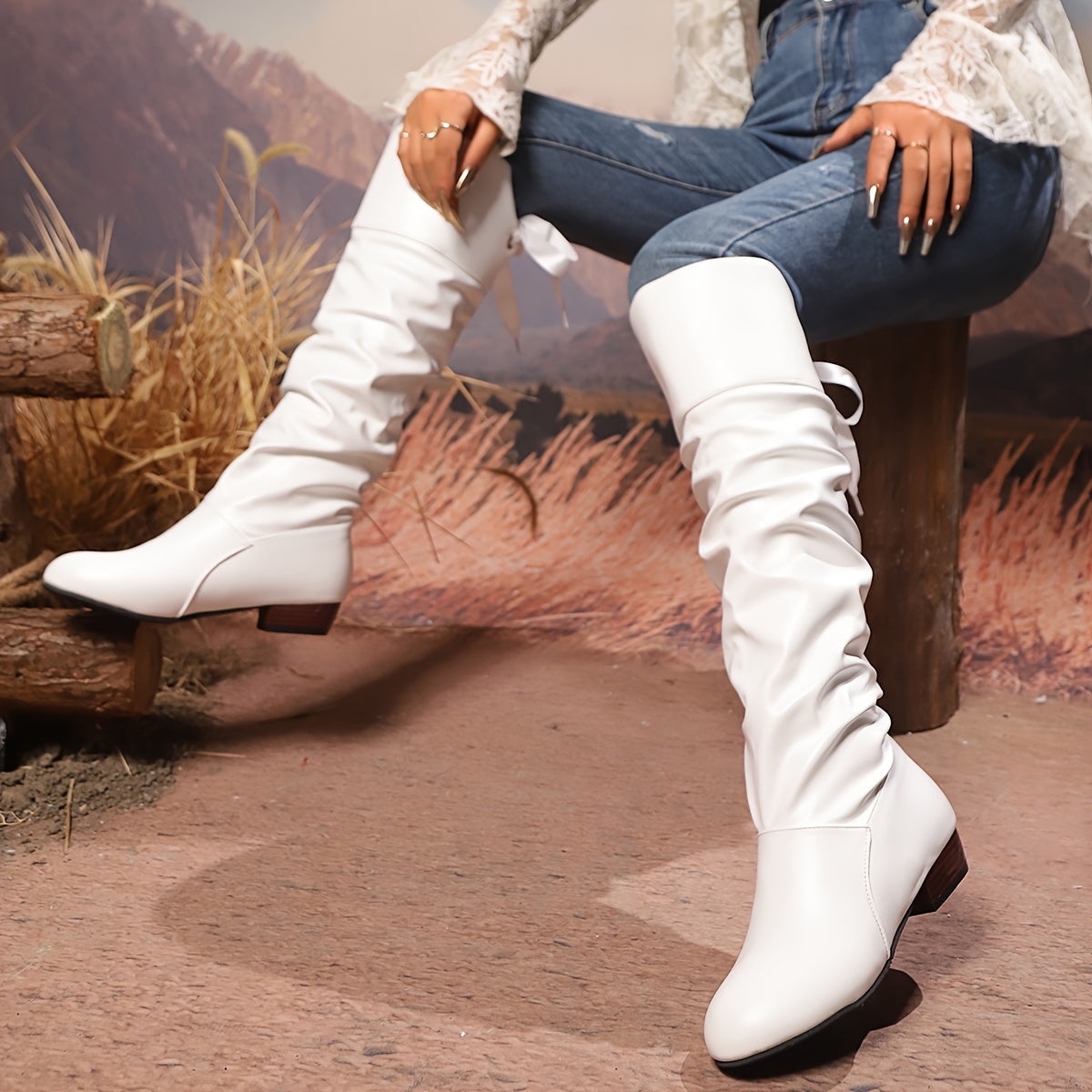 Women's Solid Color Knee-High Boots Casual Back Tie Round Toe Low Block Heel